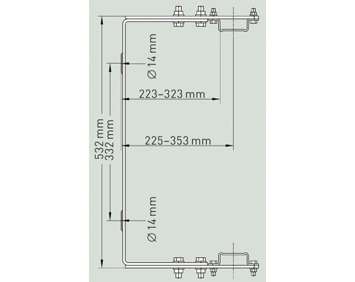 Detailní rozměry kotvy do zdi U, přestavitelné 250-350